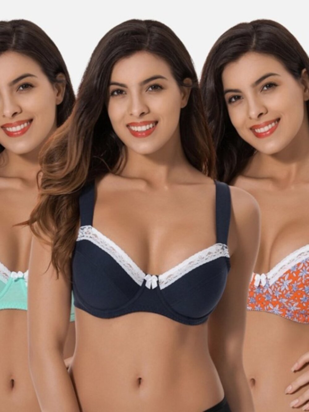 Women's Plus Size Underwired Unlined Balconette Cotton Bra-3Pack
